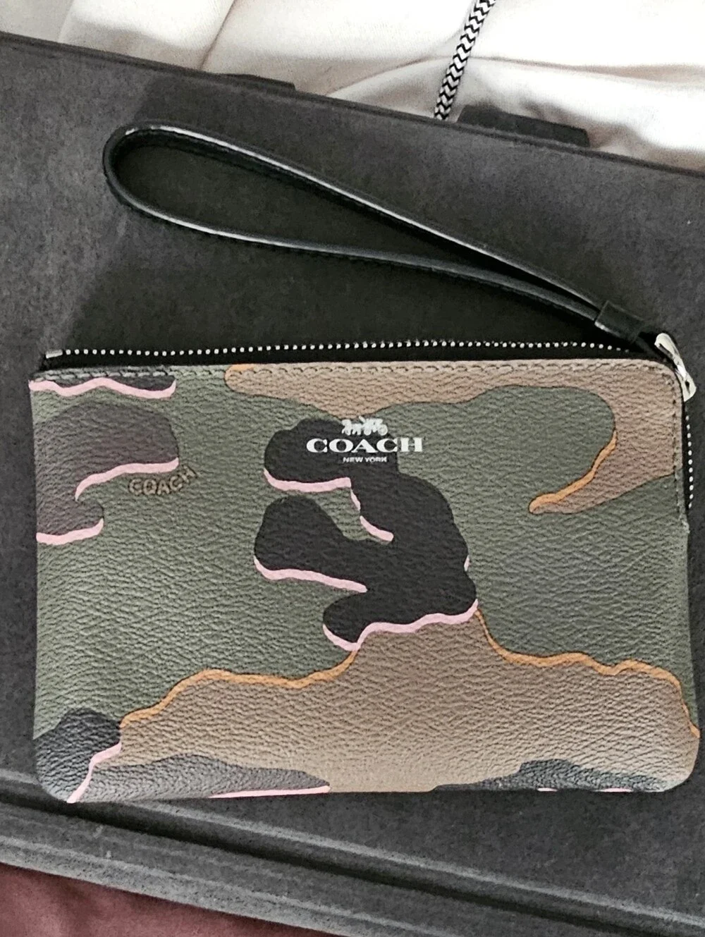 Coach Camo Leather Wristlet in Green, Black & Pink Accents